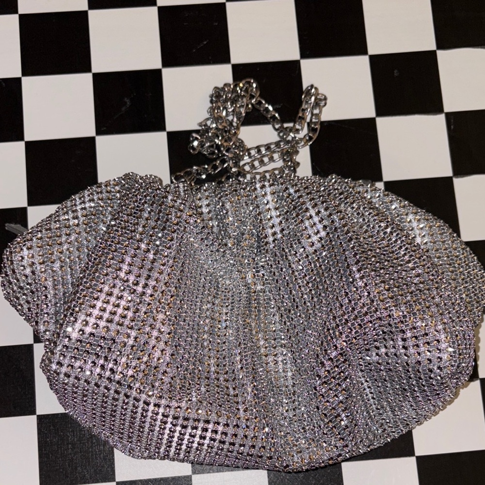Silver Crossbody Bag with Metallic Mesh and Crystal Embellishments